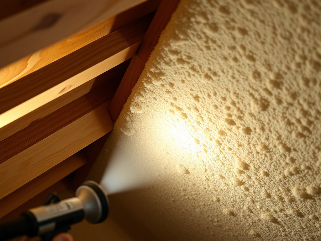 Close-up of spray foam texture on attic rafters during a diagnostic inspection
