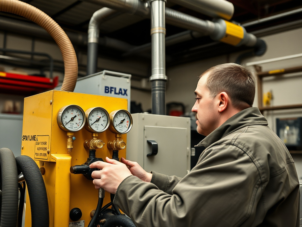 Technician checking spray foam rig proportioner gauges and calibration during application