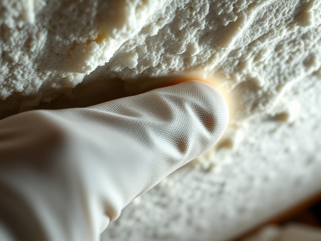 Close-up of spray foam with a tacky, uncured surface indicating unreacted chemistry