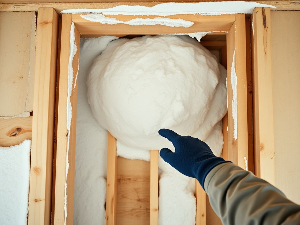 Open wall cavity showing spray foam application during a remediation inspection